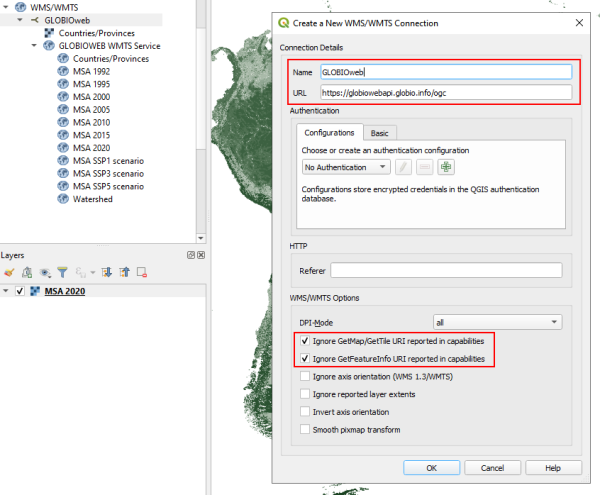 GLOBIOweb WMTS connection example in QGIS